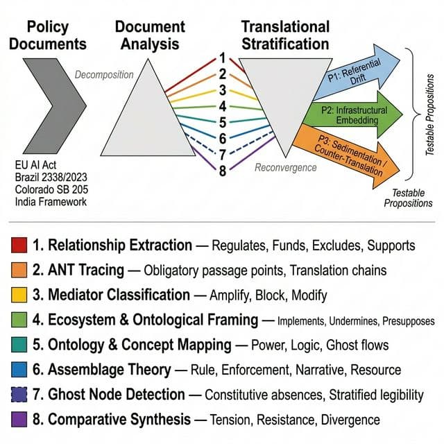The Policy Prism — Analytical Framework for Translational Stratification of AI Governance. Shows how policy documents are decomposed through 8 analytical layers and reconverged into 3 testable propositions.